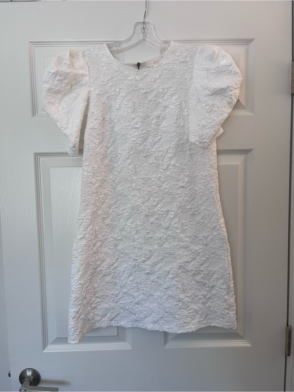 Ces Femme White Textured Mini Dress with Puff Sleeves
